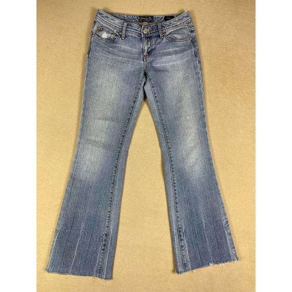 Seven7 Womens 26 Flare‎ Leg Jeans Low Rise Blue Denim Distressed Stretch Raw Hem - Picture 1 of 13